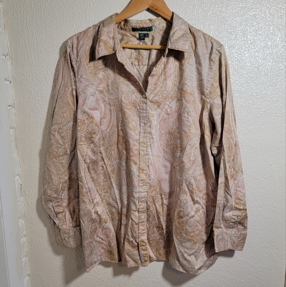 Lauren Ralph Lauren Full Button Down Paisley Blouse sz 2X Peachy Cream